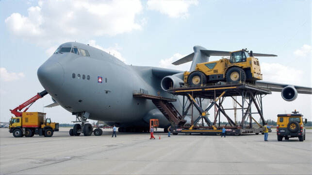 Large cargo aircraft unloading heavy machinery at an airport hangar during daytime operations