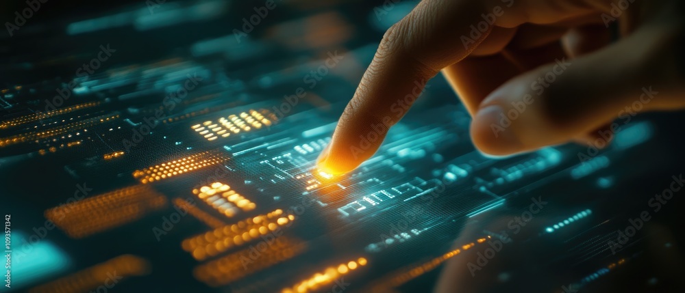 Canvas Prints fingertip activating glowing circuit board.