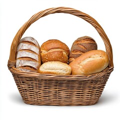 A photostock of a basket filled with freshly baked bread, sitting on a clean white surface, ideal for bakery-related visuals. High Quality