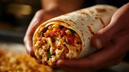 Close-up of hands holding a delicious chicken burrito.