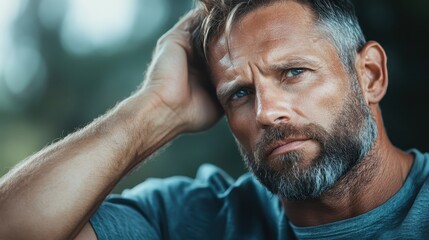 Fototapeta premium A contemplative bearded man outdoors with a thoughtful look, resting his hand on his head, wearing a casual gray shirt, set against a blurred natural background.