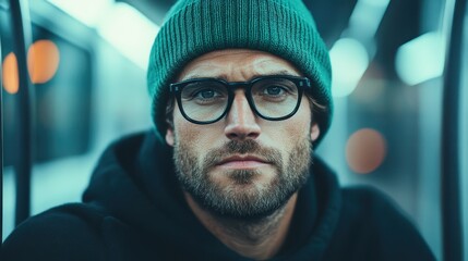 A focused man in a green beanie and glasses seated on the subway, conveying a sense of contemplation amidst the blurred urban environment of the train. - Powered by Adobe