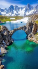 Obraz premium A large rock formation in the middle of a lake surrounded by mountains