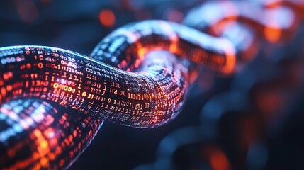 A highly detailed image of a digital blockchain chain, featuring glowing binary codes, symbolizing comprehensive data security and digital networks.