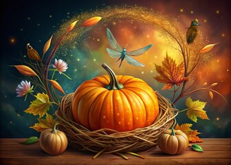 Spooky Autumn Vibes: Orange Pumpkin, Bird Nest, and Colorful Dragonflies for Halloween-Themed T-Shirt Design with Copy Space for Customization