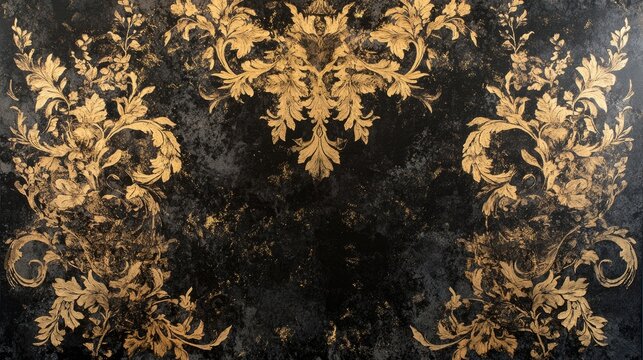 Fototapeta Gold ornate damask pattern on dark textured background.