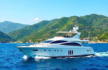 Luxury white yacht in the sea, green hills in the background.