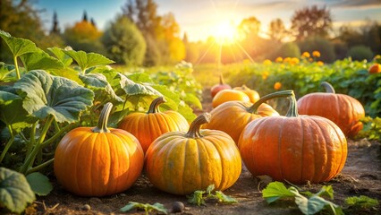 autumn harvest of ripe pumpkins of different varieties and types on farm sunny background, healthy lifestyle