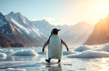 Obraz premium Penguin walking on north landscape, iceberg in the background.