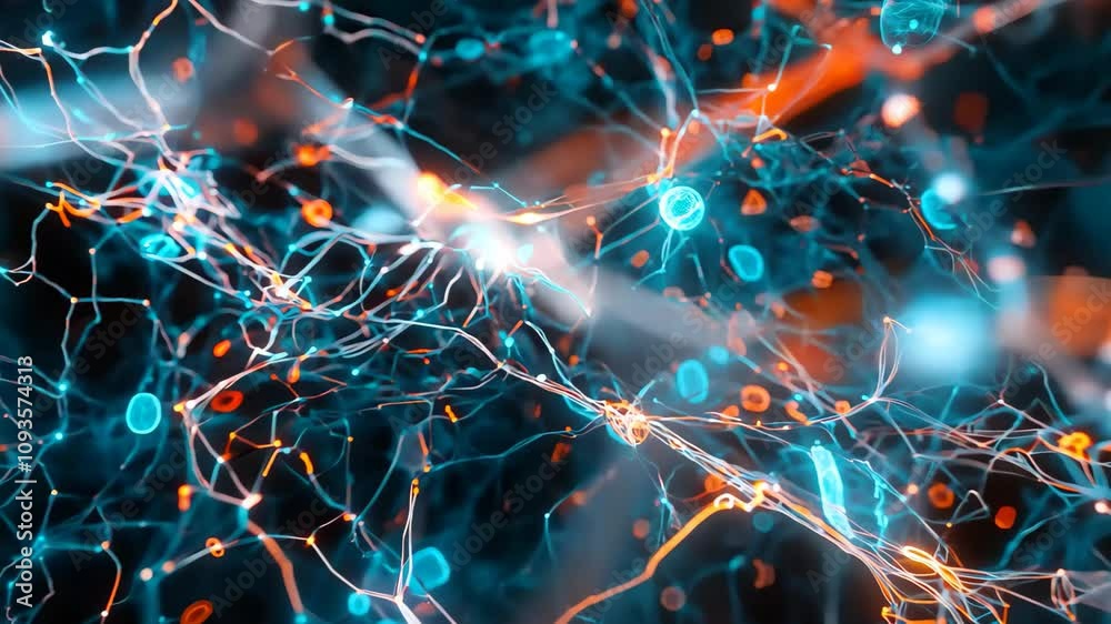 Poster a close-up view of a stylized neural network, with glowing connections representing the intricate we