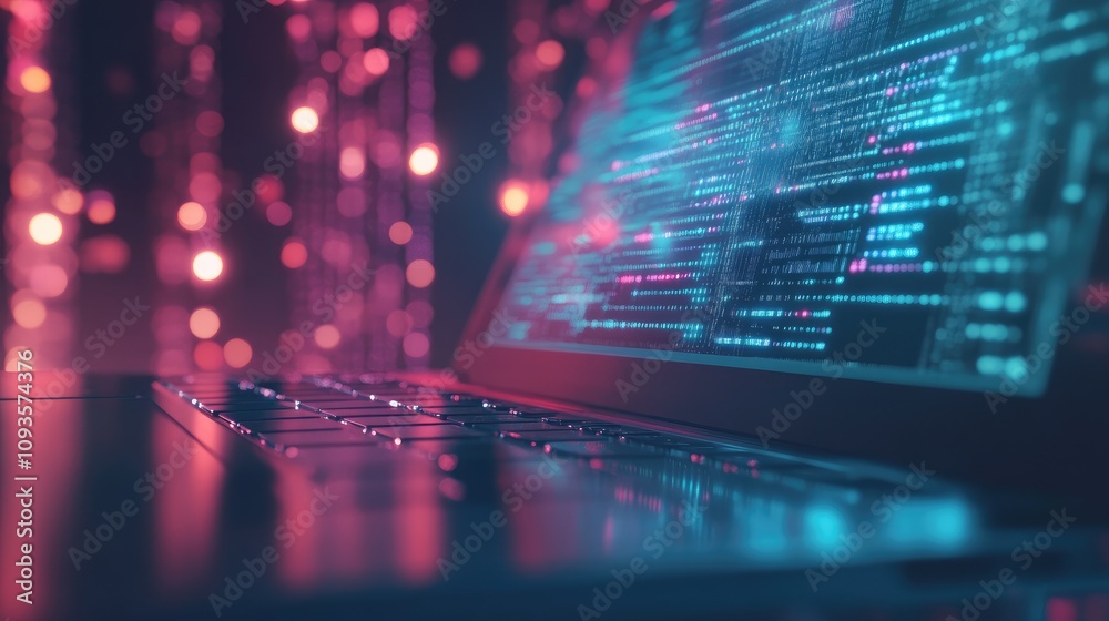Canvas Prints laptop displaying glowing code at night.
