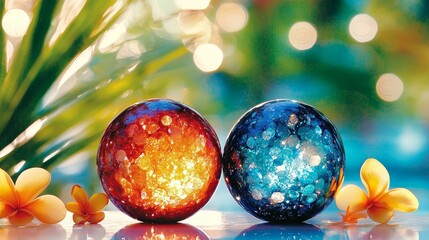 A couple of colorful glass balls sitting on top of a table