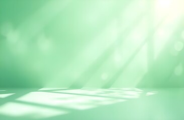Abstract green background with sunny rays and bokeh.