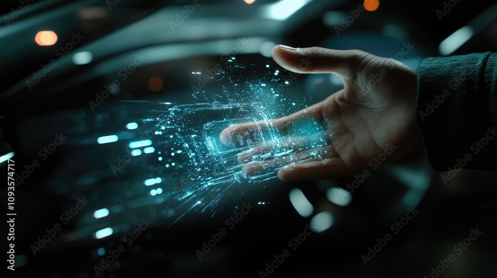 Canvas Prints hand interacting with futuristic digital interface in car.