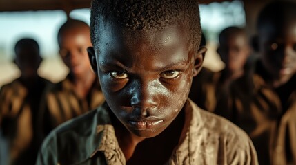 A child's penetrating gaze is highlighted in a setting with peers, invoking a sense of determination and strong will in a richly textured, sunlit ambience.