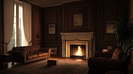 Cozy living room with fireplace, leather sofa, and wood paneling.