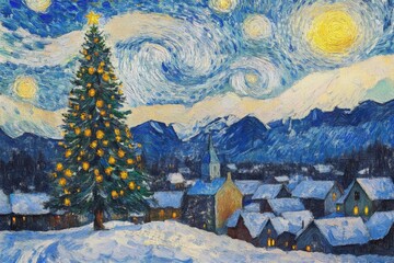 winter wonderland: christmas tree and snowy landscape with village - festive impressionist painting and art card illustration	
