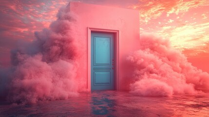 A surreal door amidst clouds and water, evoking mystery and imagination.