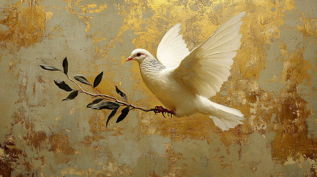 White dove flying gracefully with olive branch against a gilded background