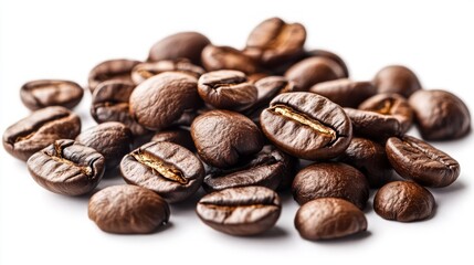 Fototapeta premium A pile of roasted coffee beans on a white background.