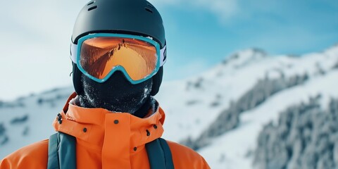A man in an orange jacket is wearing goggles and a helmet. He is standing on a snowy mountain