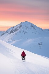 A skier is walking down a snow-covered mountain. The sky is pink and orange, creating a warm and serene atmosphere