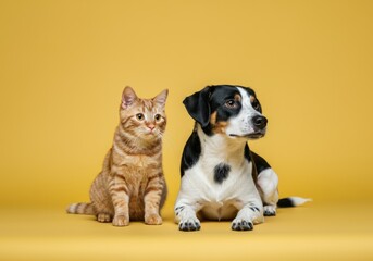 A ginger cat and a black and white dog sitting side by side against a bright yellow background