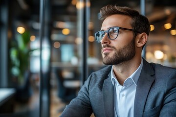 Obraz premium A thoughtful man in a suit gazes out in a modern office setting.