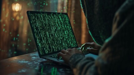 A person, partially hidden in a hoodie, is intensely focused on a laptop console with green lines of code, suggesting themes of technology and cybersecurity.