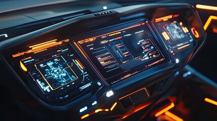 Obraz premium Futuristic car dashboard with digital displays and orange accents.