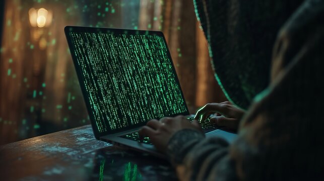 A person, partially hidden in a hoodie, is intensely focused on a laptop console with green lines of code, suggesting themes of technology and cybersecurity.