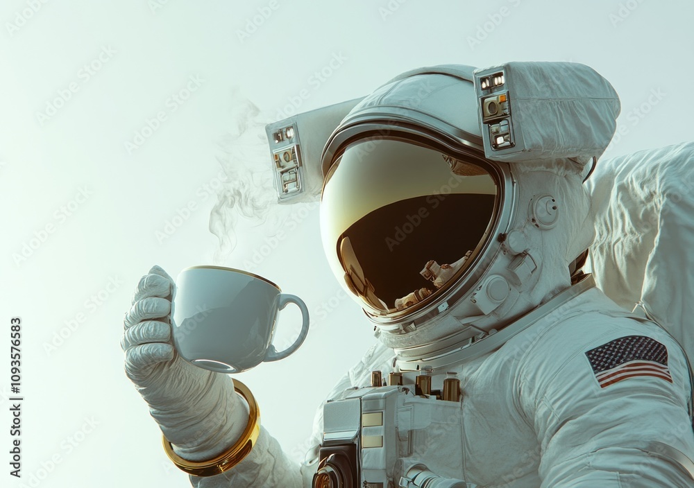 Poster an astronaut holding a steaming cup of coffee in a space-like environment.