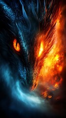 A close up of a dragon's face with orange eyes