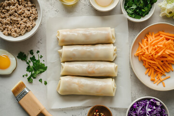 Uncooked lumpia rolls on parchment with ground meat, carrots, cabbage, and egg wash brush. Soft natural light highlights the prep process.