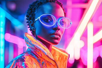 Fototapeta premium Fashion Designer Creating a Futuristic Neon-Lit Fashion Line at Dusk