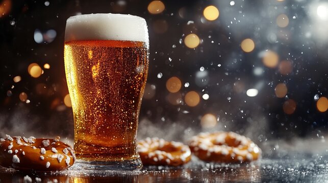 A refreshing image of a frosted beer glass filled with cold brew, surrounded by salted pretzels, set against festive bokeh lights, evoking a celebratory atmosphere.