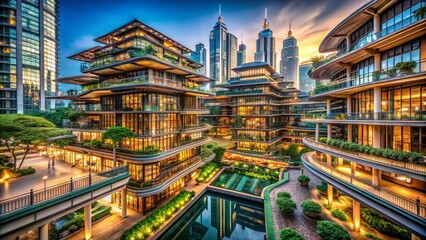 Obraz premium Striking Architectural Photography Capturing the Challenges of Urban Design in Difficult Environments, Showcasing Innovative Structures Surrounded by Natural Elements and Urban Life