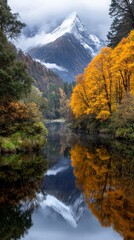 A mountain is reflected in the water of a lake
