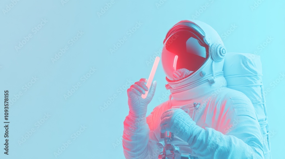 Poster an astronaut holding a glowing stick against a gradient background.