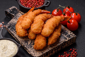 Hot crispy shrimp breaded with salt and spices with white sauce