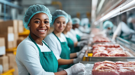 Smiling workers in a clean, organized meat processing facility, showcasing teamwork and precision in food production.