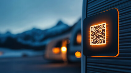 A glowing QR code adorns a camper, casting warm light as it rests by the tranquil roadside, against a backdrop of snow-capped peaks.