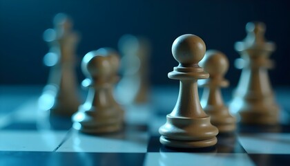 a wooden chess pawn, showing its detailed craftsmanship and fine grain texture, set against a blurred chessboard background with contrasting white and black squares create with ai