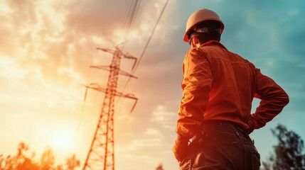 Silhouetted engineer with a hard hat observes the sunset over high voltage power lines, conveying a sense of responsibility and progress amidst a tranquil sky.
