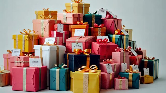 Colorful gift boxes stacked in holiday celebration display