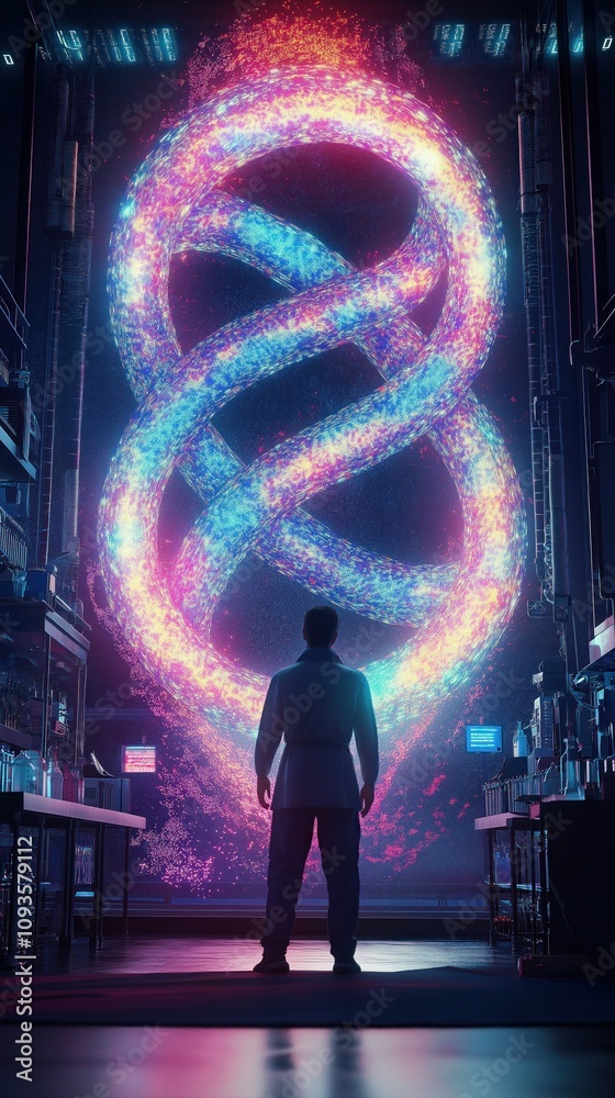 Aufkleber scientist observes surreal chromosome hologram in futuristic lab. biologist stares at epic dna illus