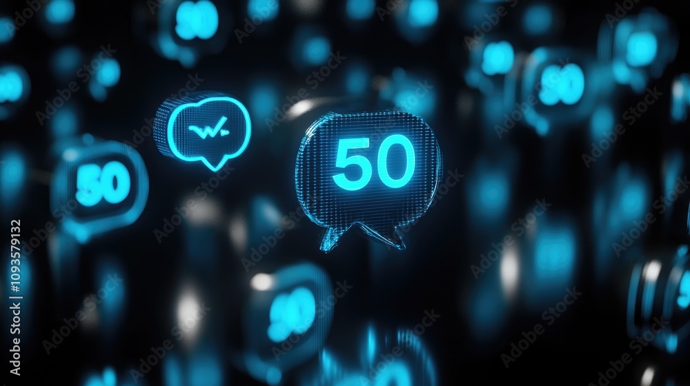 Wall mural glowing blue 3d speech bubbles with numbers and checkmarks on dark background.