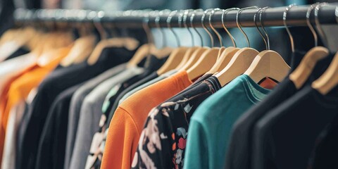 Fototapeta premium A rack of clothes with a variety of colors and styles. The clothes are hanging on hangers and are neatly arranged. Concept of organization and orderliness