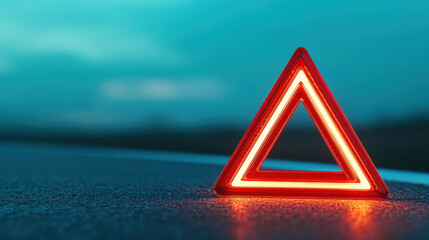 A red triangular warning sign stands on a deserted road, with a serene blue sky backdrop, highlighting themes of safety and precaution during travel.