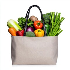 A photostock of a reusable shopping bag filled with fresh vegetables, sitting on a clean white background, perfect for eco-friendly themes. High Quality